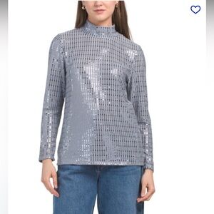 Anne Klein Silver Sequined Mock Neck Top Size Medium